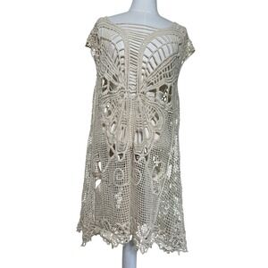 VTG Y2K Butterfly Crochet Tunic Top Cream Cotton One Size Boho Beach Coverup